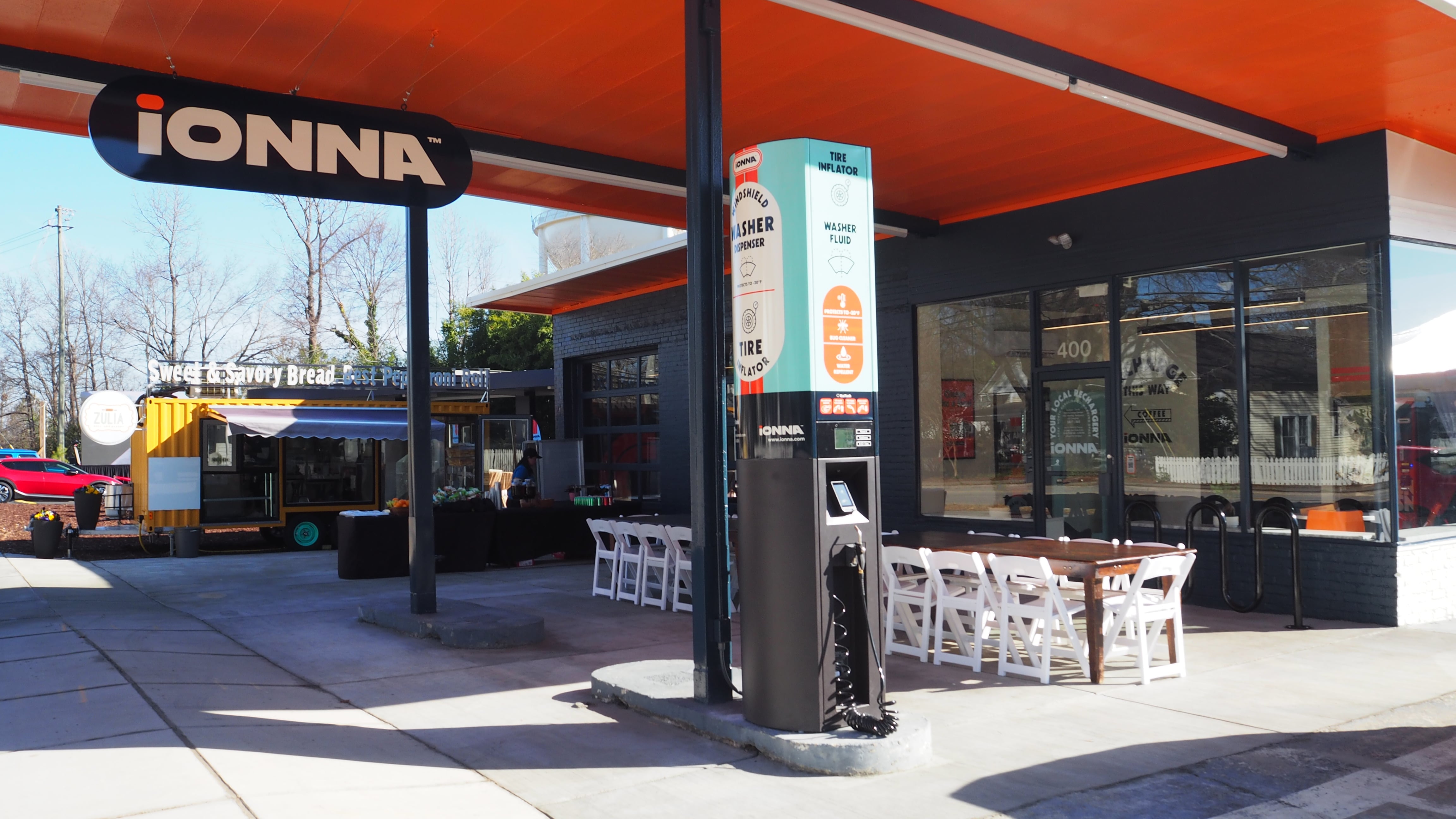 Washer fluid and a tire inflator station at Ionna charging station.