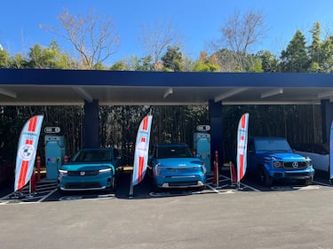 Electric vehicles line up in charging bays at Ionna's Apex Rechargery in North Carolina.