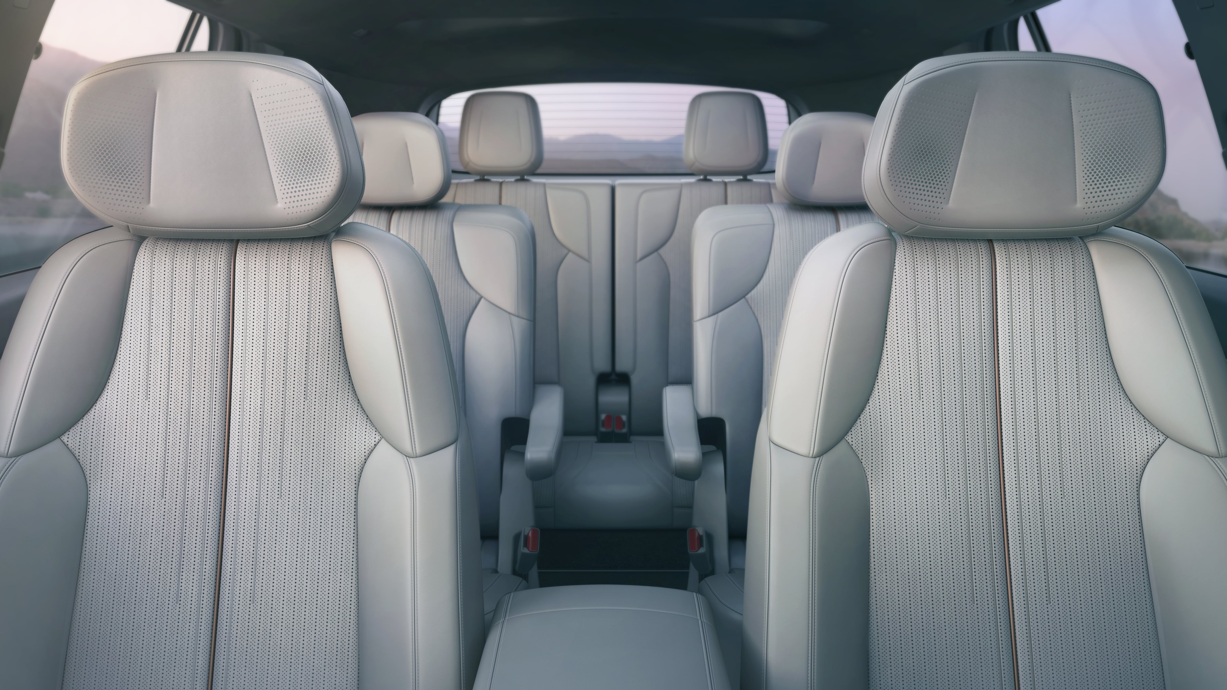 A view of three rows of seats inside the 2026 Cadillac Vistiq electric crossover.