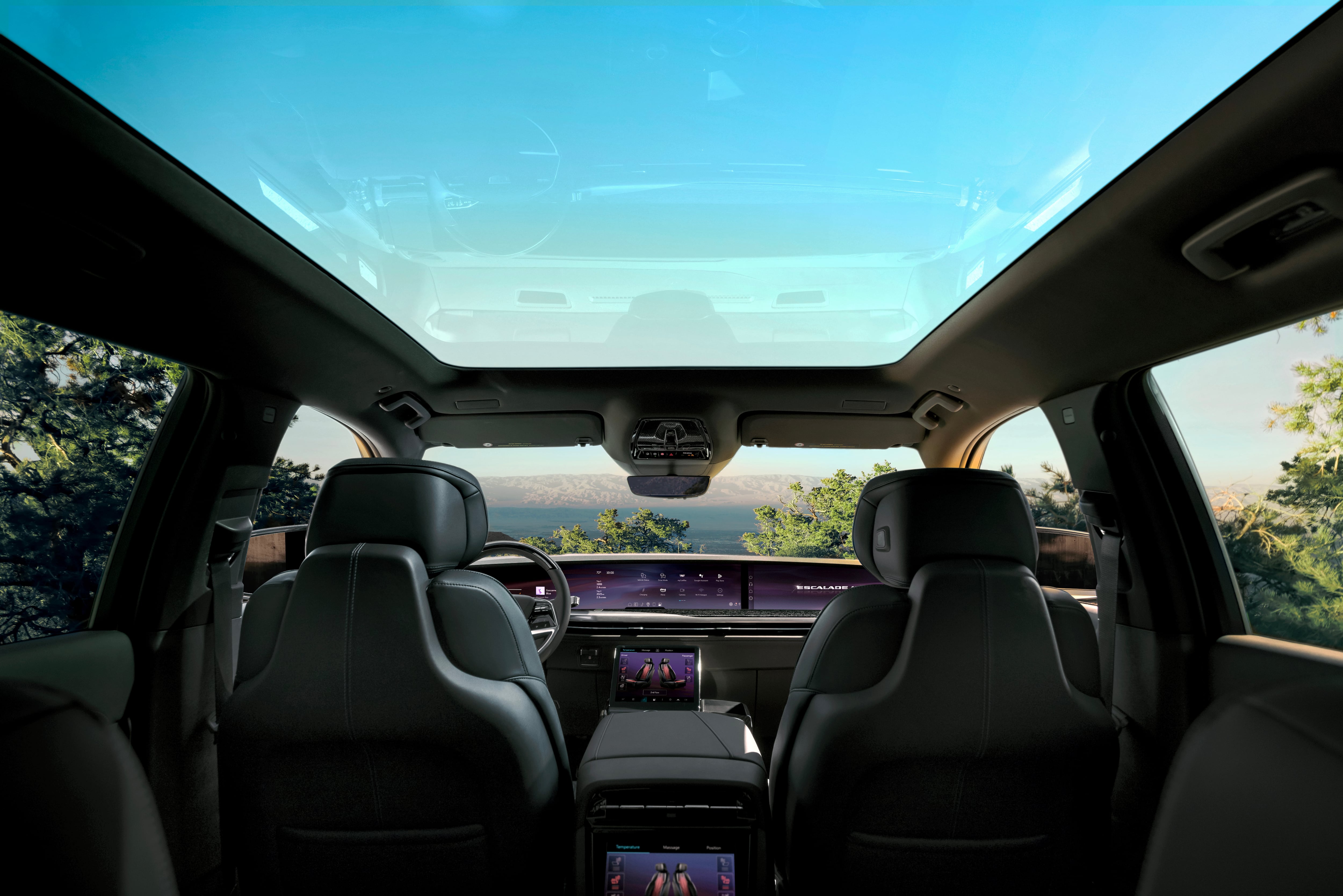 A view of the first and second rows inside the 2026 Cadillac Escalade IQL electric full-size SUV. (CADILLAC)