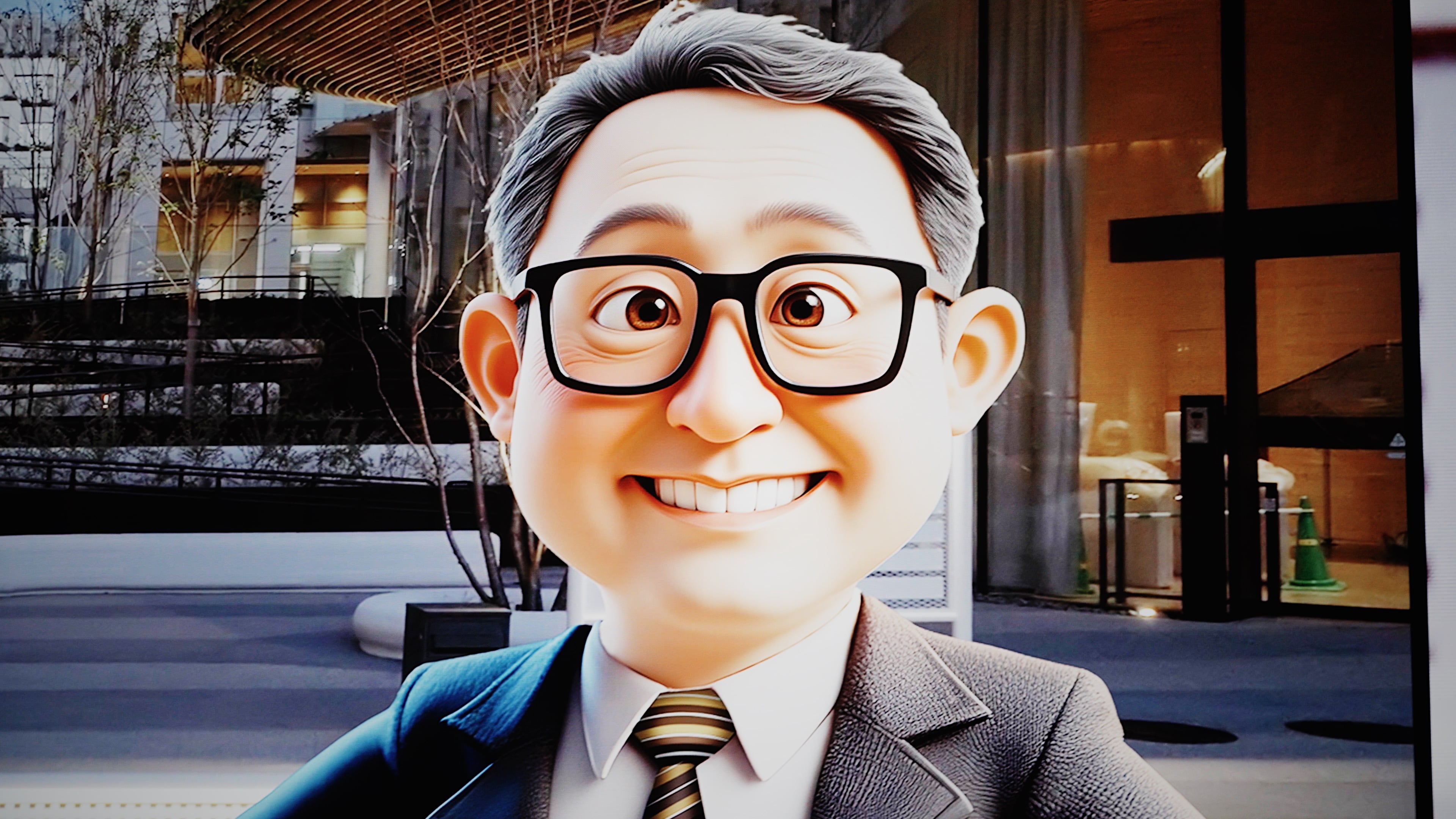 A virtual reality image of a man in glasses and a suit.