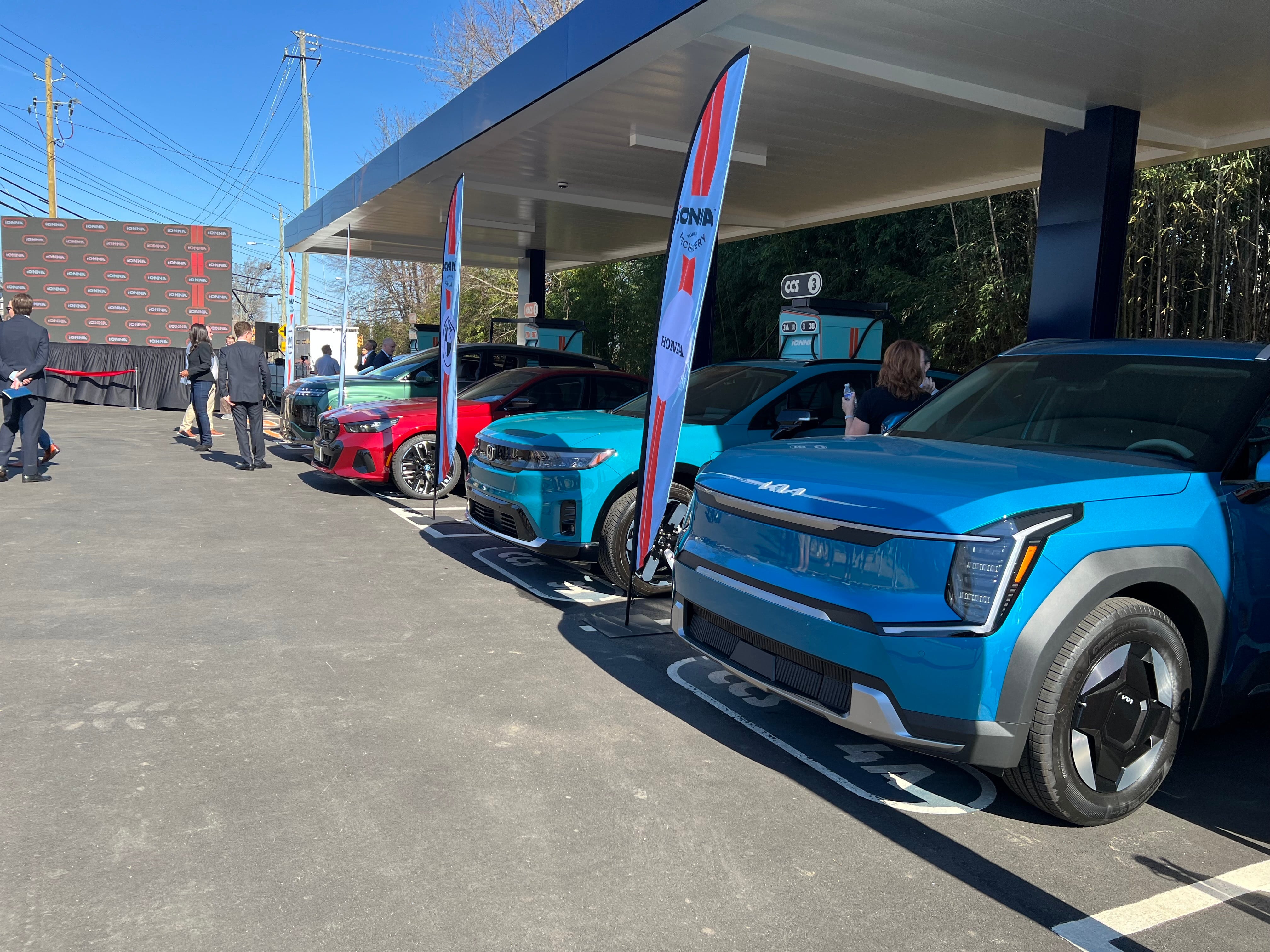 EVs line up in the charging bays at Ionna's Rechargery in Apex, N.C.