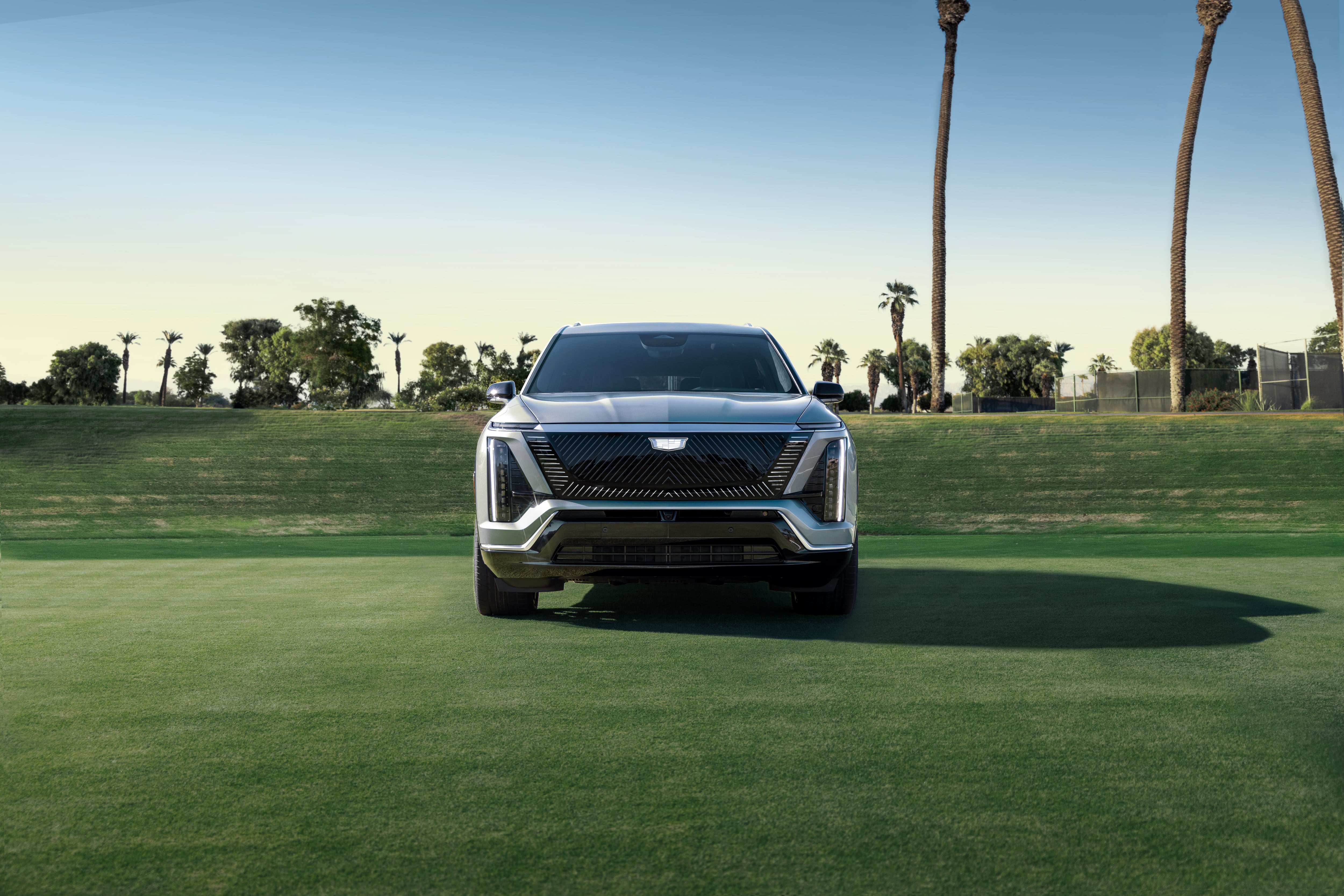 A front view including the grille of the 2026 Cadillac Vistiq electric crossover.