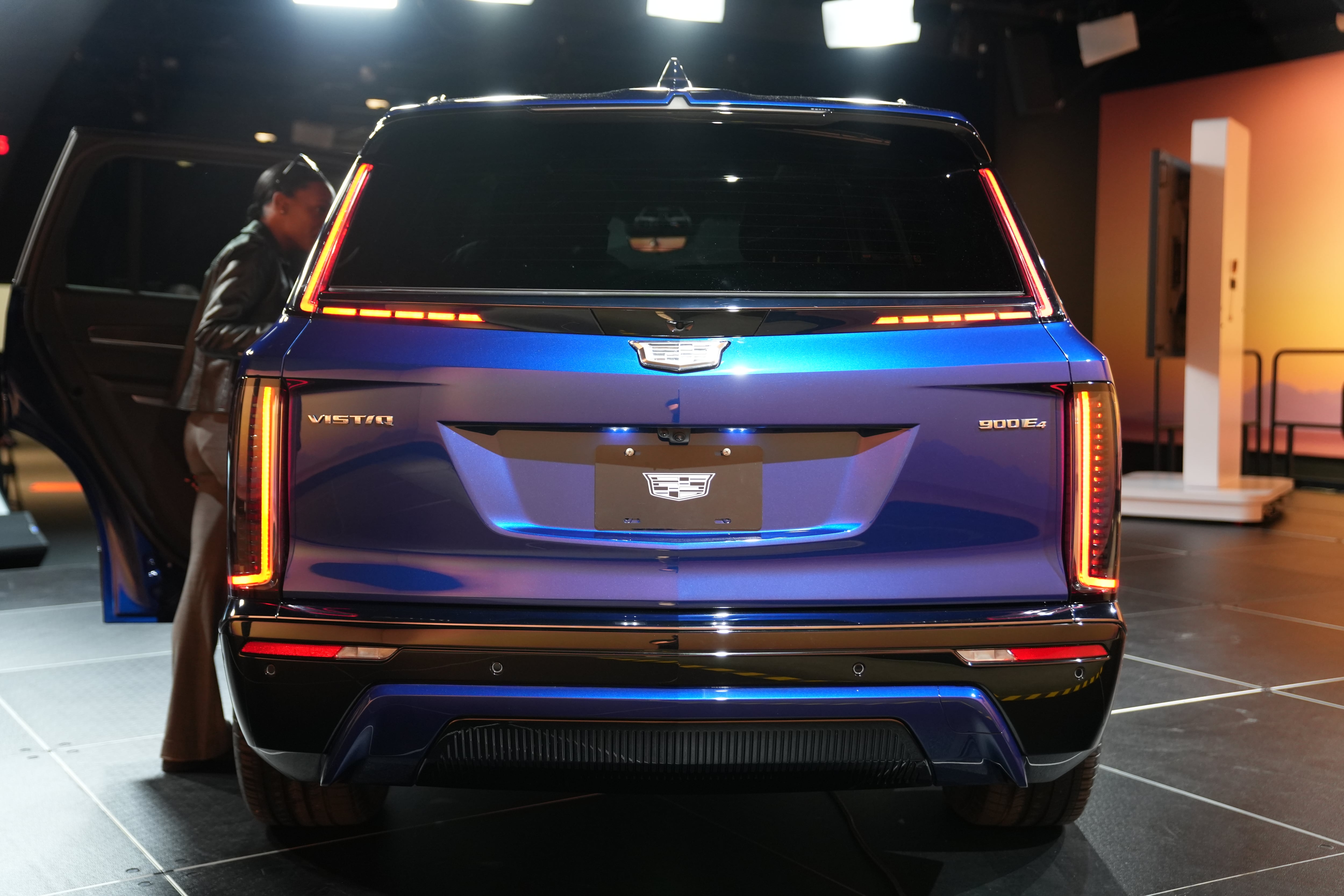 A rear view of the 2026 Cadillac Vistiq electric three-row crossover.