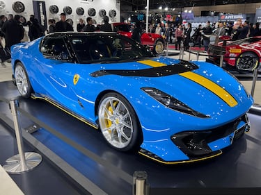 Blue and yellow Ferrari 812 Competizione at 2025 Tokyo Auto Salon