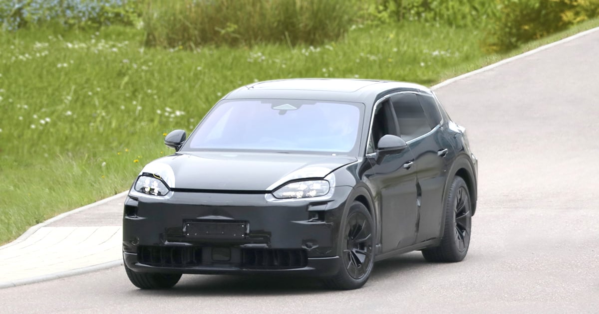 Porsche large crossover EV spy photo front quarter